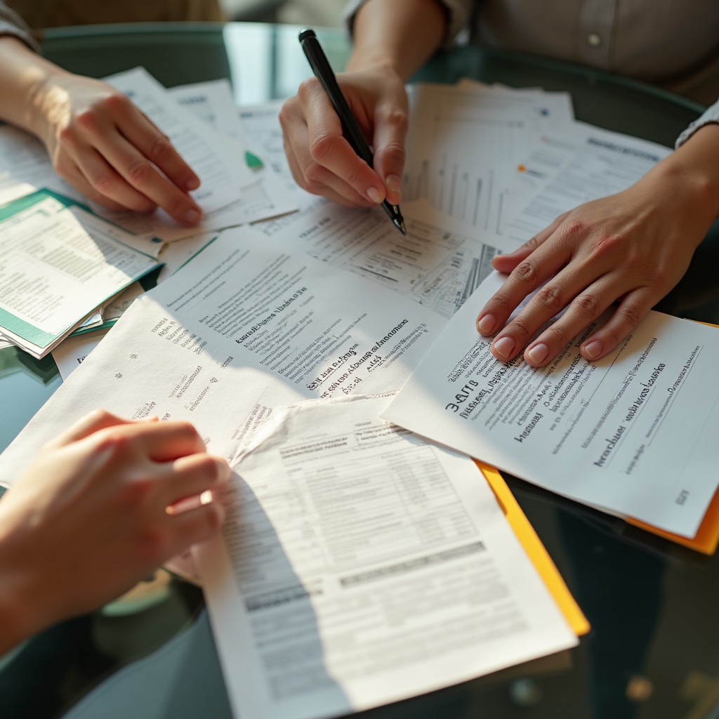 Zwei Hände sortieren gemeinsam Dokumente auf einem hellen Tisch, symbolisch für gemeinsame finanzielle Transparenz